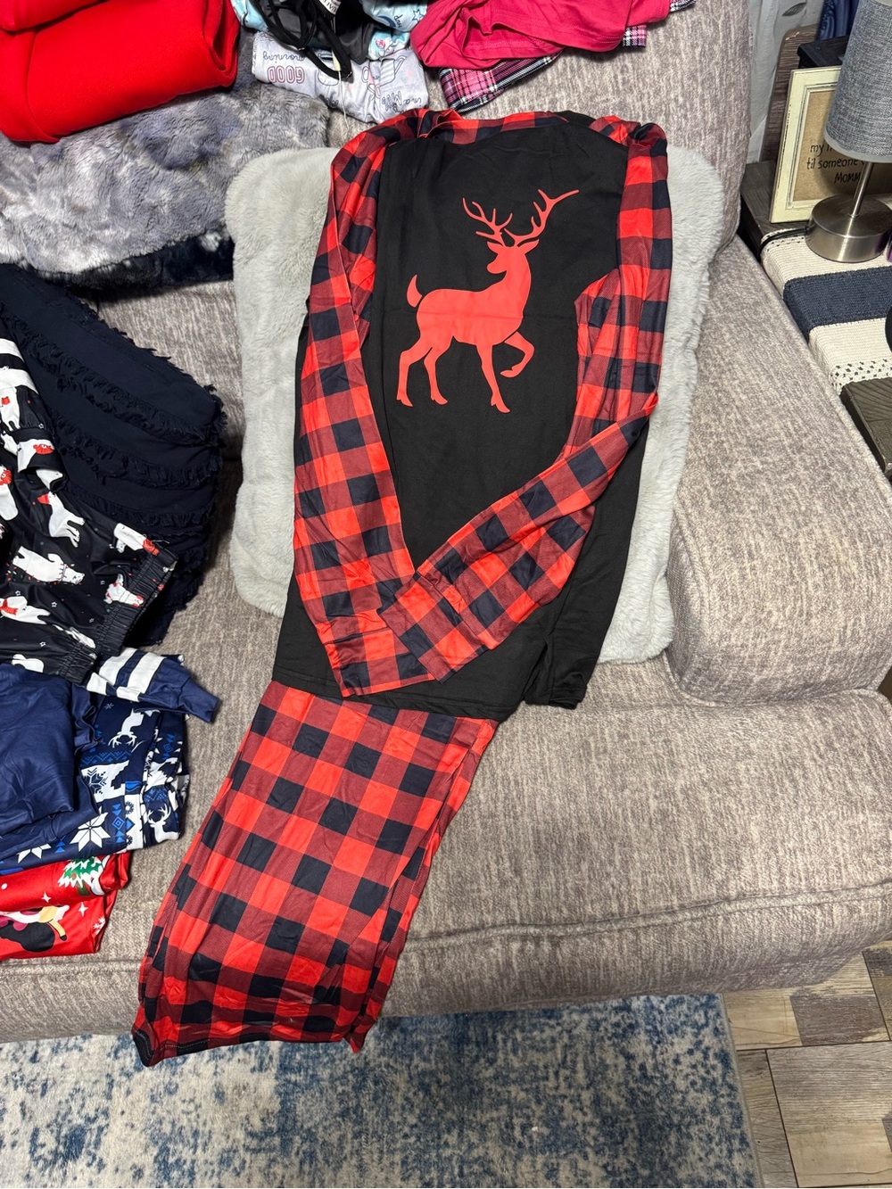Adults Red Buffalo Plaid Reindeer Pajama Set - Cozy Holiday Sleepwear